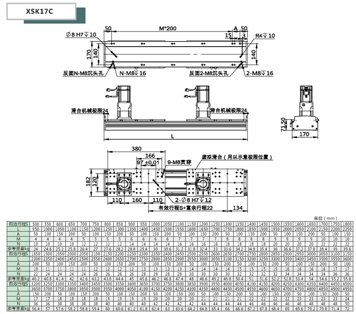 XSK齿轮齿条模组-17C选型参数行程尺寸表