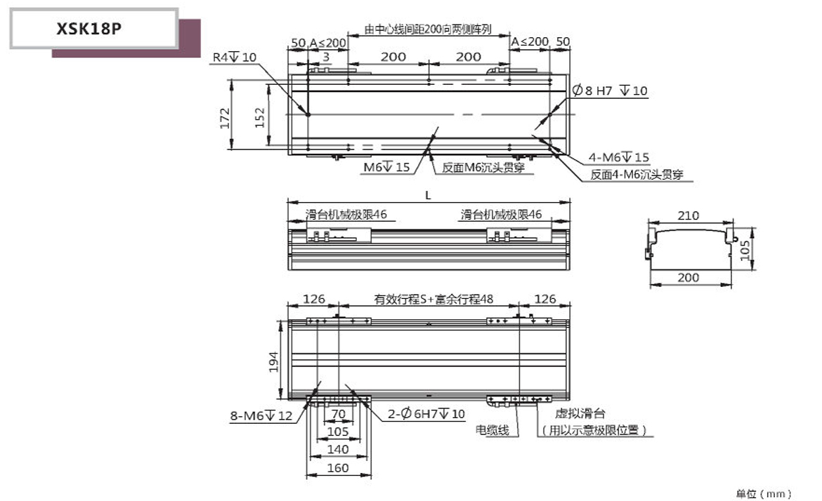 XSK18P半封闭直线电机图纸参数尺寸图
